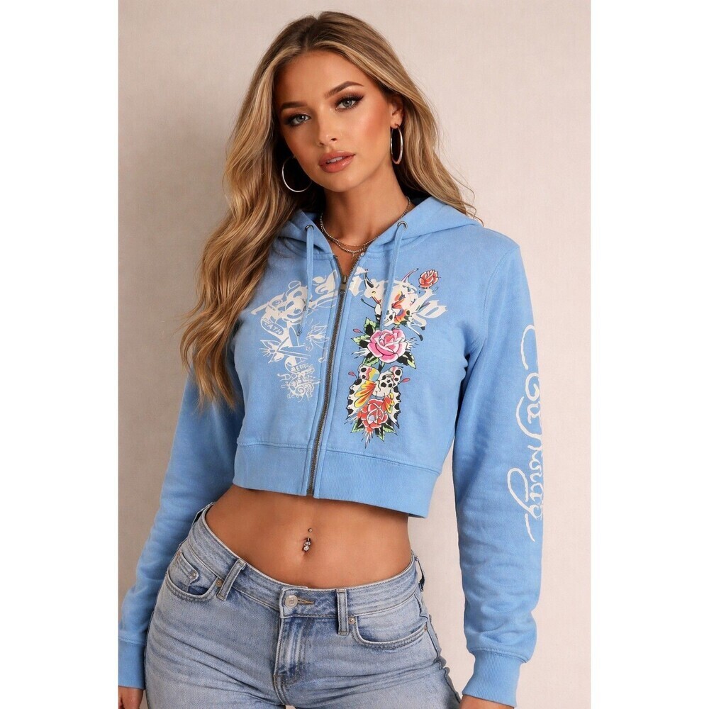 Ed Hardy Cropped Graphic Hoodie Skulls & Roses Full Zip Powder Blue XL NWT